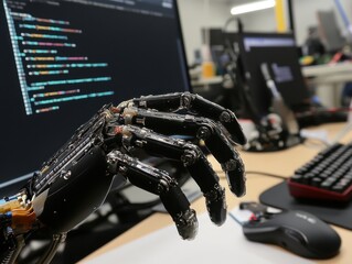 Poster - Robotic hand with code on screens in office setting