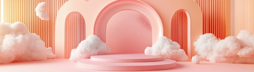 Poster - Dreamy pastel pink platform adorned with fluffy white clouds