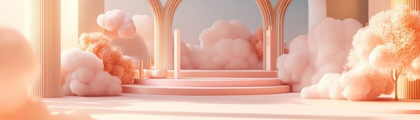 Poster - Dreamy pastel landscape with fluffy clouds and architectural elements