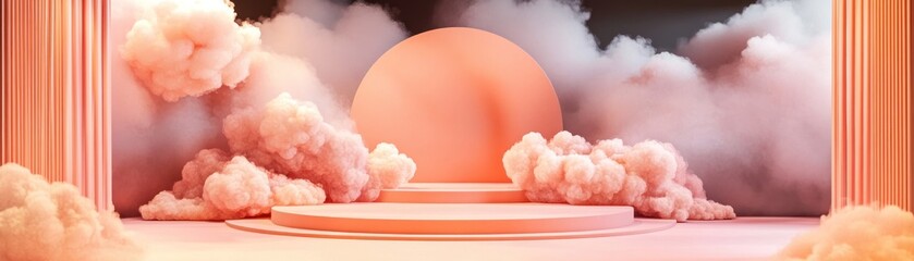 Poster - Dreamy pink platform surrounded by soft fluffy clouds and curtains