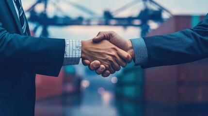 Poster - Two men shaking hands in front of a large cargo container ship at a shipping port