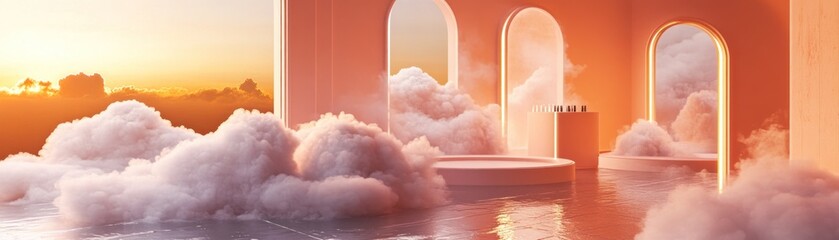 Poster - Dreamy peach colored room with clouds and arched portals