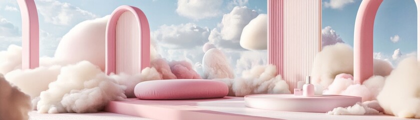 Poster - Abstract pink display stage with clouds and sky background