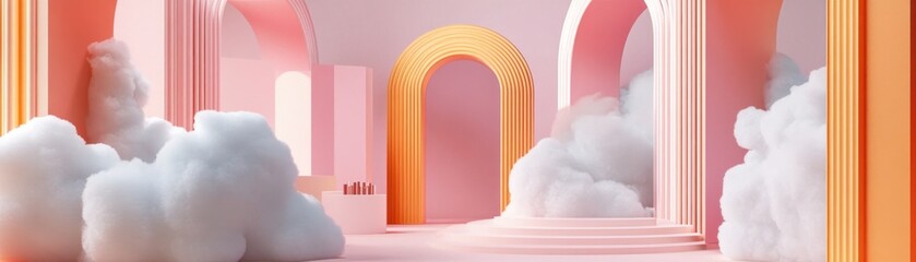 Poster - Dreamy surreal scene shows clouds arches and architectural elements