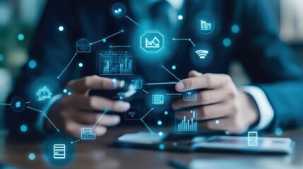 Fototapete - Businessman in suit using tablet with digital icons and symbols for technology and communication concepts