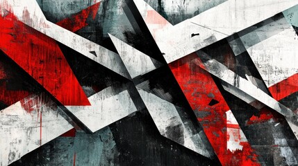 Fototapete - Abstract geometric composition with intersecting shapes of red white and black