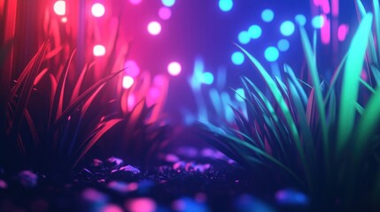 Wall Mural - Neon grass and ground with blurred lights background