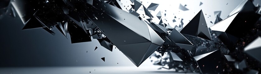 Fototapete - Abstract dark polygonal shapes exploding into scattered geometric fragments