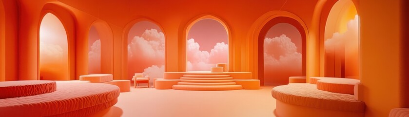 Poster - Orange hued minimalist interior with arched windows and clouds
