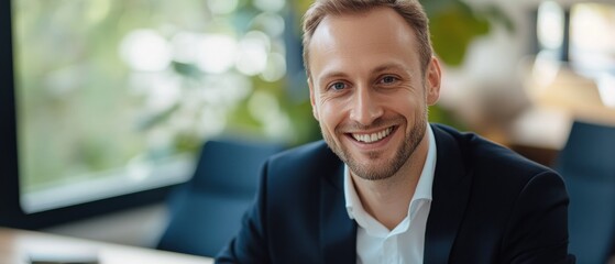 Poster - Professional man smiling in modern office setting