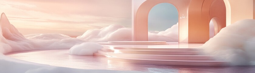 Poster - Dreamy architectural structure with clouds and soft pink lighting