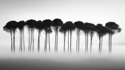 Poster - A serene row of trees shrouded in dense ethereal fog