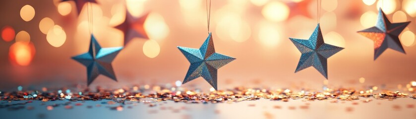 Poster - Hanging star ornaments sparkle against a blurred bokeh background
