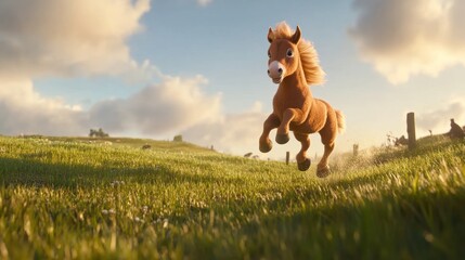 Poster - Animated horse gallops through a grassy field under a cloudy sky