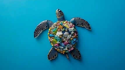 Conceptual artwork of a sea turtle filled with plastic waste on a blue background, addressing pollution and environmental issues