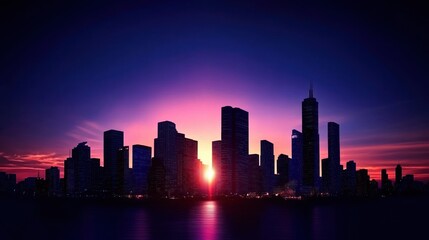 Poster - Silhouette of cityscape at dusk with colorful sky and reflections