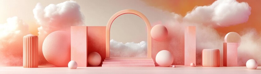 Poster - Pastel geometric shapes float amidst ethereal clouds and light hues
