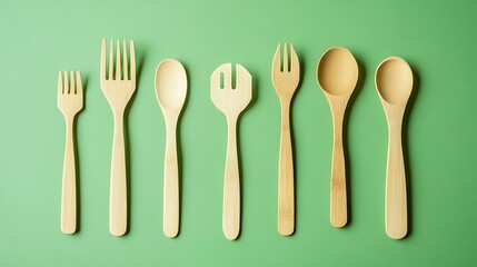 Eco-friendly disposable utensils made of bamboo and paper displayed on a green background, promoting sustainability and zero waste