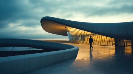 Poster - Silhouette of person walking near modern building at sunset
