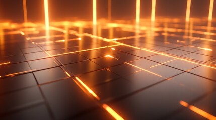 Poster - Black tiled floor with bright glowing orange lines design