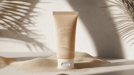 Poster - Beige tube of cosmetic cream on a sandy beach