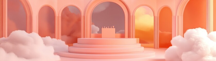 Poster - Elegant salmon colored architecture with fluffy clouds and open sky