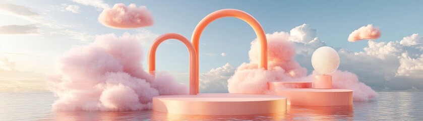 Aufkleber - Dreamy pastel platform with arches amidst clouds and calm water