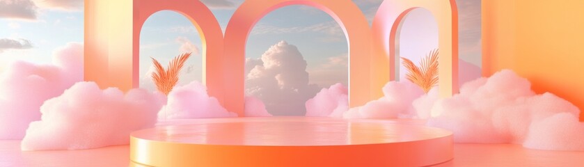 Poster - Pastel orange arches and platform against sky and cloud backdrop
