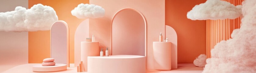 Aufkleber - Pink stage set for product presentation with fluffy white clouds