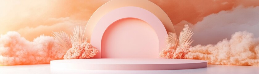Aufkleber - Soft pink podium with arches and dreamlike clouds backdrop
