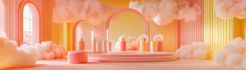 Aufkleber - Beautiful pastel colored scene featuring products and fluffy clouds
