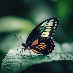 Poster - Beautiful butterfly resting peacefully on a vibrant green leaf