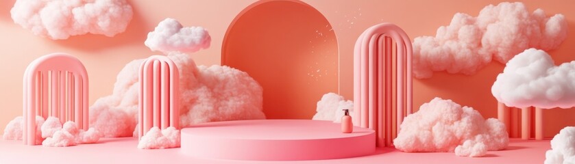 Aufkleber - Pink pastel podium with fluffy clouds and arched elements