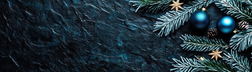 Aufkleber - Festive christmas arrangement with blue ornaments and evergreen branches