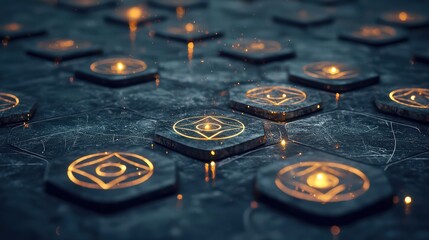 Wall Mural - Mystical runes glowing on a metallic surface with subtle light effects