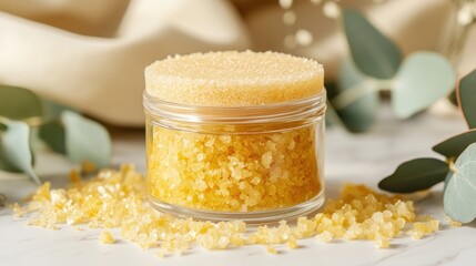 Poster - Jar of yellow sugar scrub surrounded by eucalyptus leaves
