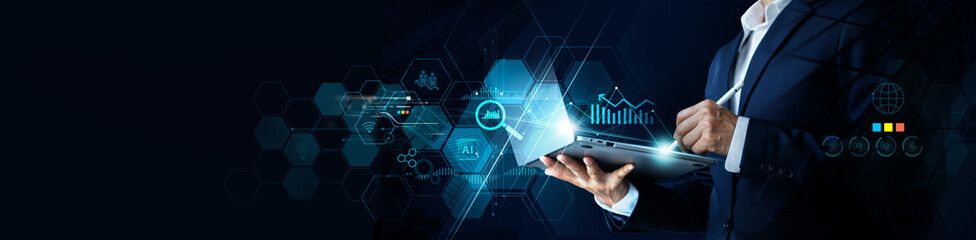 Leinwandbilder - Businessman using tablet for data business searching analysis financial data customers database, Algorithm, Data science, Corporate strategy for operations, sales and marketing, Global business.