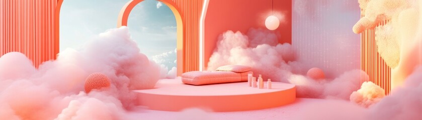 Poster - Dreamy cloudscape scene with peach platform and minimalist decor