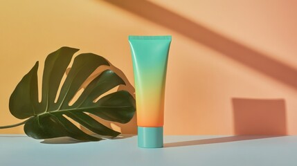 Poster - Gradient skincare product tube with monstera leaf on display