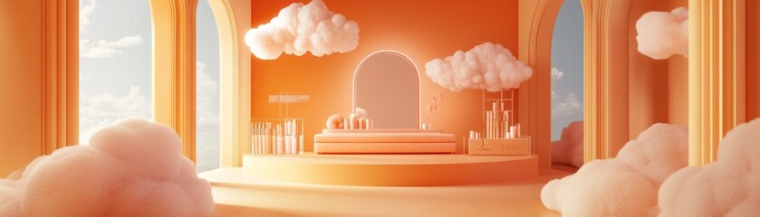 Aufkleber - Dreamy studio backdrop in orange tones with fluffy clouds