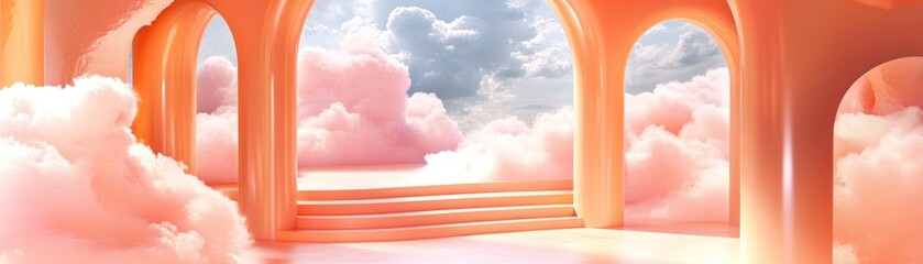 Poster - Dreamy peach arches framing cloudy skies and fluffy pink clouds