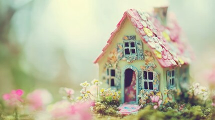 Poster - A whimsical miniature cottage nestled among the pink and white flowers