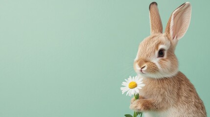 Poster - Cute bunny holding a daisy on a pastel background