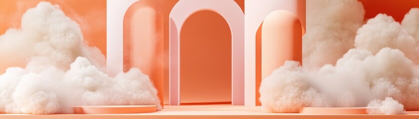Aufkleber - Abstract orange studio scene with archways and soft clouds