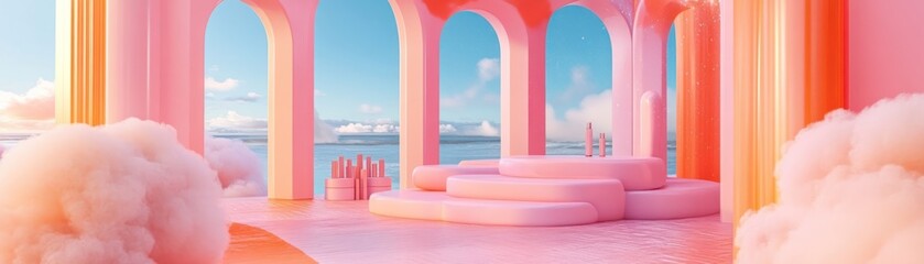 Aufkleber - Pink architectural landscape with arches and dreamy clouds
