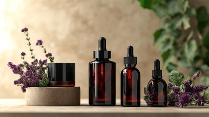 Poster - Natural skincare products are arranged beautifully with lavender sprigs