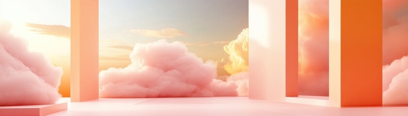 Aufkleber - Dreamy scene with pink clouds and geometric architecture elements
