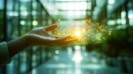 Poster - Woman holds network connection light in outstretched palm of hand