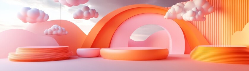 Aufkleber - Playful pastel podiums and clouds create a whimsical display