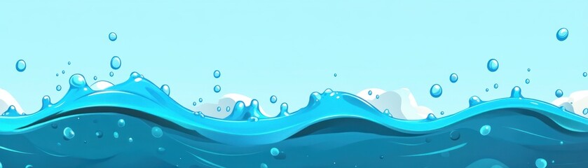 Poster - Cartoon illustration features blue water waves with bubbles and sky